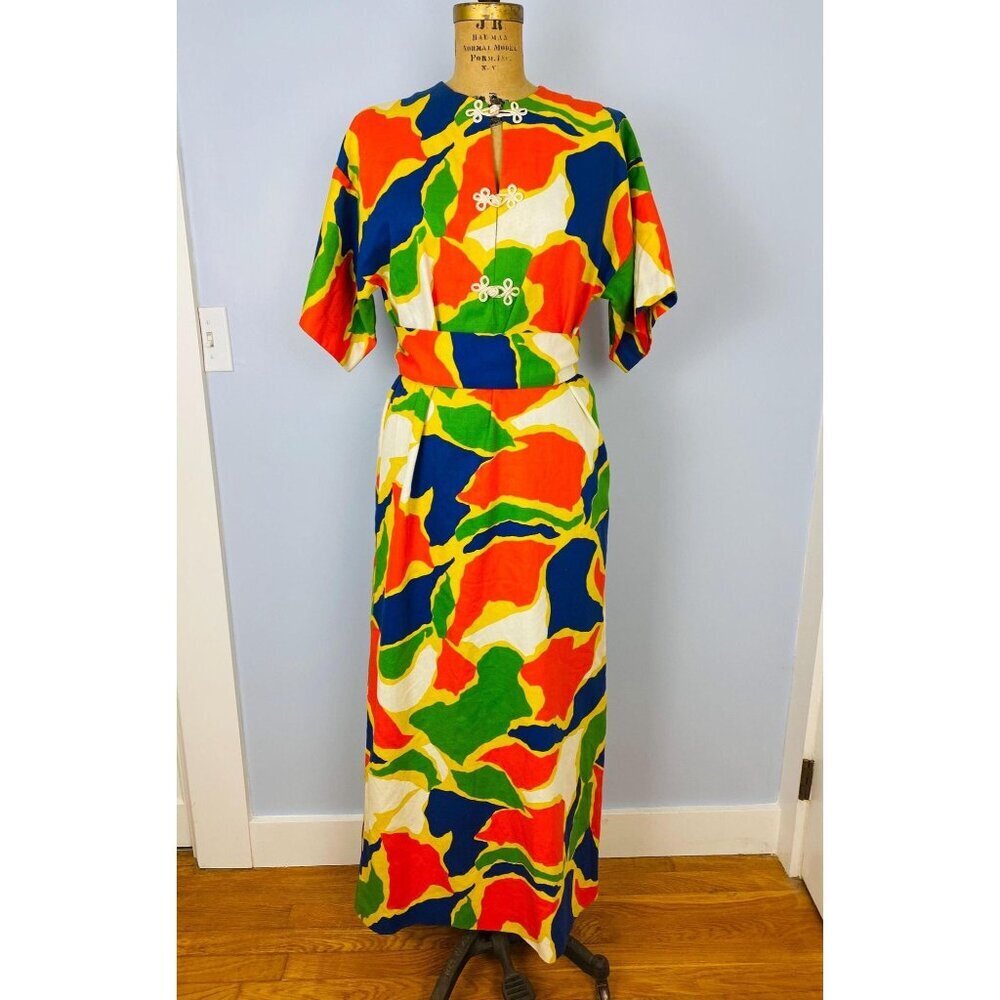 Vintage 1960s Maxi Dress, Size S/M, Tie Waist, Colorful Mod Short Sleeve Dress